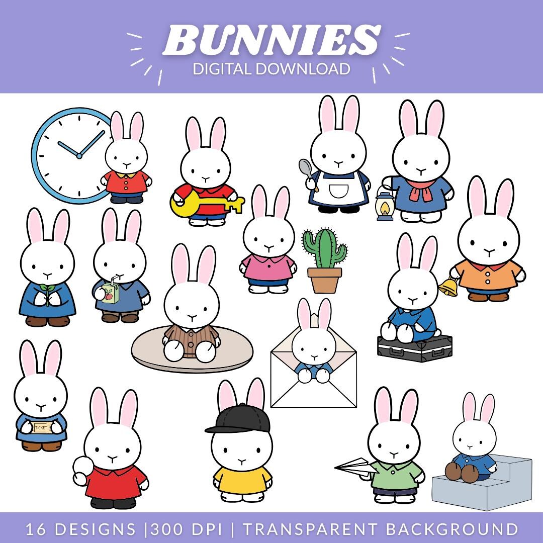 Cute Bunny SVG & PNG Bundle | 16 Kawaii Minimalist Rabbit Designs ...