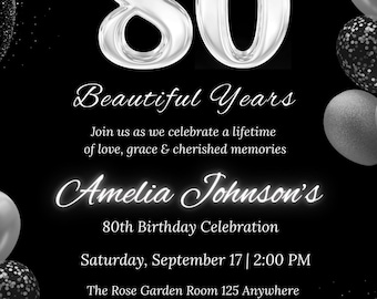 80th Birthday Invitation Template Black Silver | Elegant 80th Birthday Invite Canva Editable | 80 Birthday Party Invitation 5x7 Printable