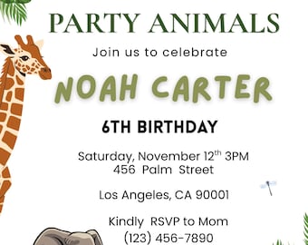 Safari Birthday Invitation Template Jungle Animals | Party Animal Birthday Canva Editable | Zoo Theme Kids Birthday Invitation 5x7 Printable