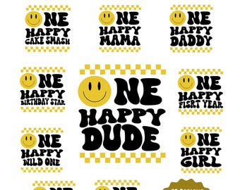 One Happy Dude SVG Bundle 40 Designs, Geburtstag PNG Mega Pack, Retro Smiley Gesicht passende Familien Shirts (Digitaler Download)