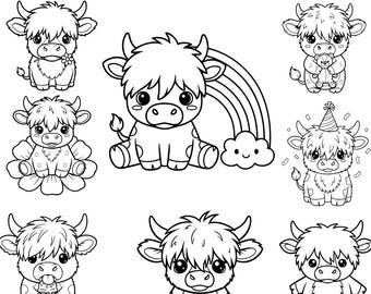 Niedliche Highland Kuh SVG Bundle 8 Designs | Baby Kuh Doodle Clipart | Highland Kuh Bundle, Bauernhof Tiere Kuh, Cricut Silhouette digitaler Download