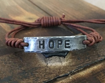 Hope Leather Bracelet, Hand-stamped