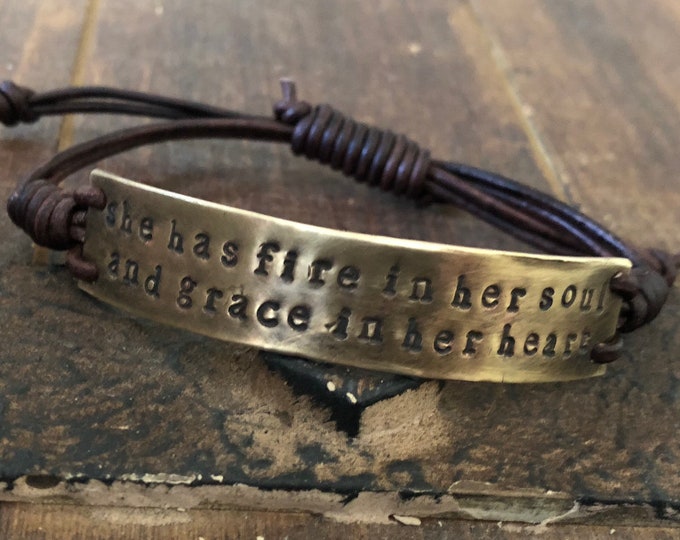 She Has Fire in Her Soul Leather Bracelet, Hand-Stamped, Adjustable