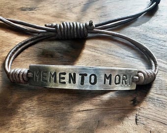 Memento Mori Leather Bracelet, Latin Quote Jewelry, Hand Stamped Copper or Pewter Cuff, Adjustable Stoic Bracelet