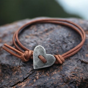 Tiny Heart Bracelet, Silver Heart Leather Bracelet, Hand-forged, Valentine’s Day Gift