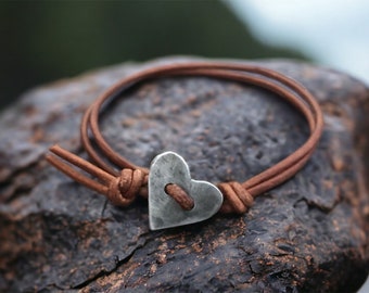 Tiny Heart Bracelet, Silver Heart Leather Bracelet, Hand-forged, Valentine’s Day Gift