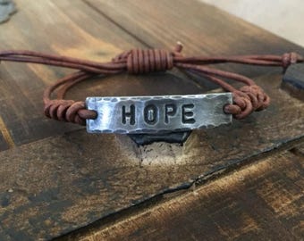 Hope Leather Bracelet, Hand Stamped Pewter, Adjustable Inspirational Jewelry, Meaningful Gift