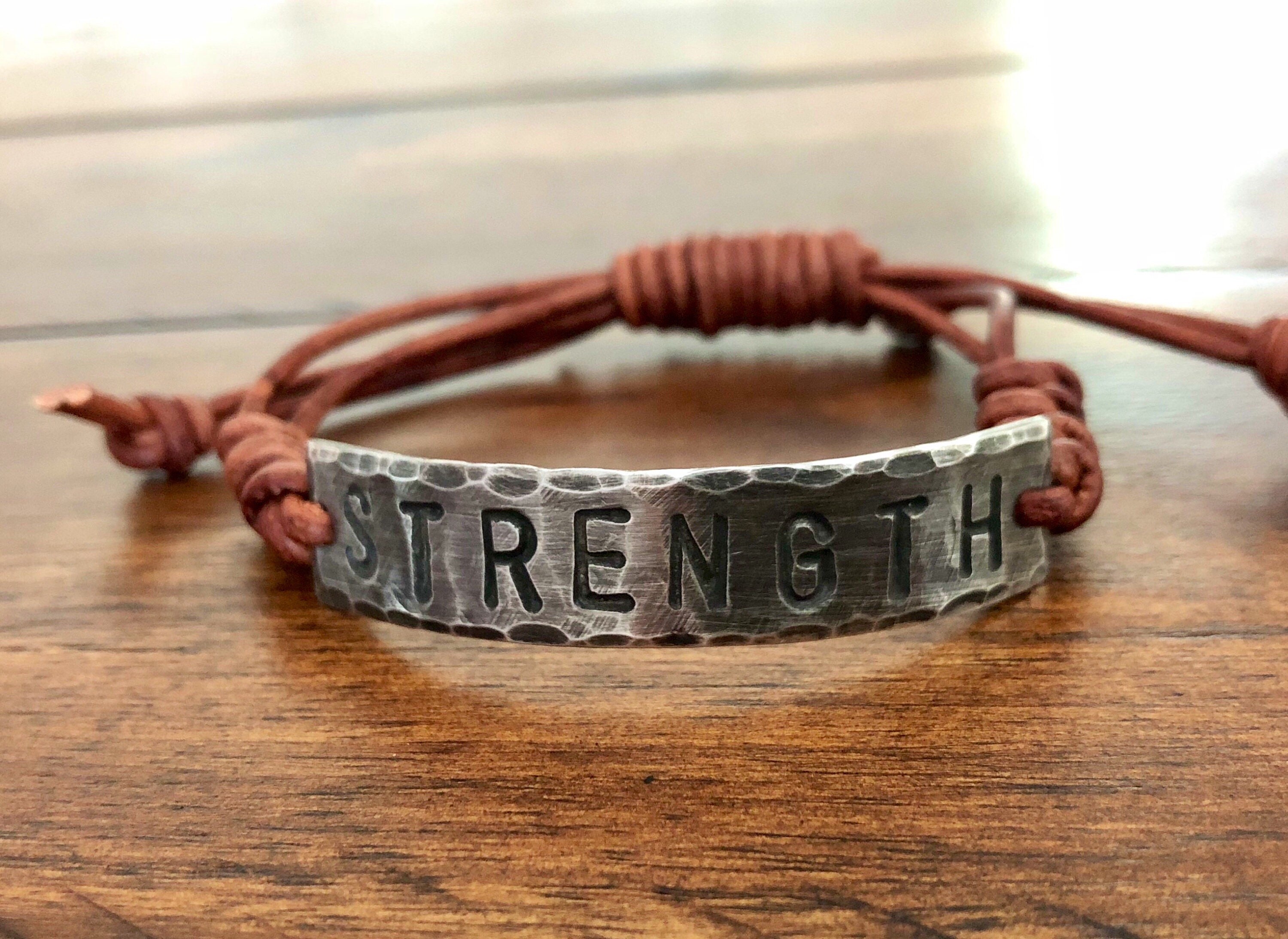 STRENGTH ID Bracelet, Pewter, leather, Hand Stamped, Inspirational