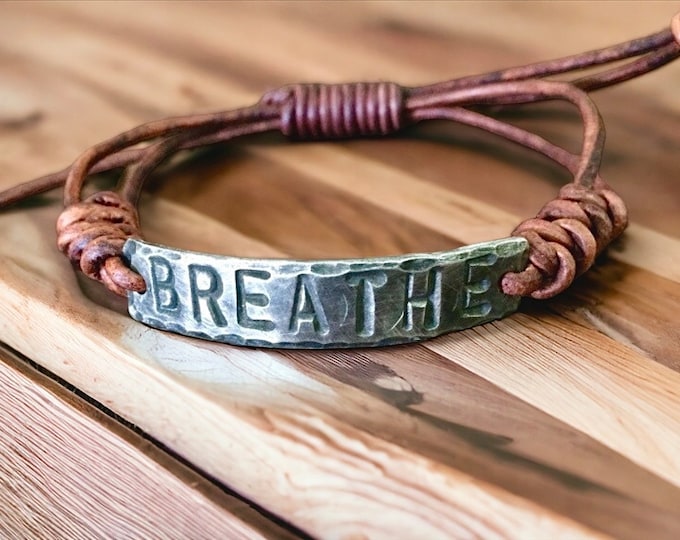 Breathe Silver Leather Bracelet, Hand-stamped