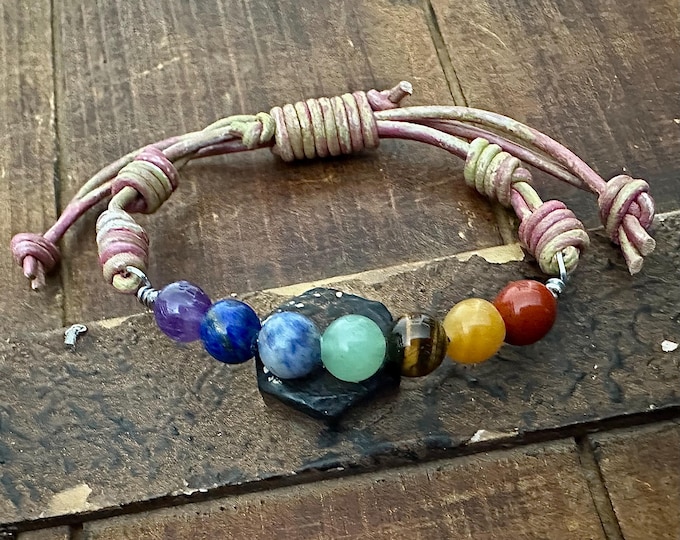 Seven Chakra Leather Bracelet, Adjustable Gemstone Bracelet, Lapis Aventurine Tiger Eye Yoga Jewelry