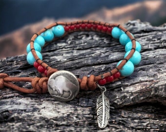 Southwestern Turquoise and Coral Beaded Leather Wrap Bracelet with sterling silver, Native American inspired bracelet