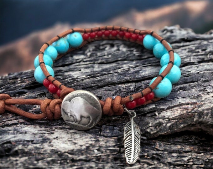 Southwestern Turquoise and Coral Beaded Leather Wrap Bracelet with sterling silver, Native American inspired bracelet