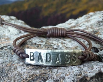 Badass Silver Leather Bracelet, Hand-stamped, adjustable