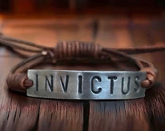 Invictus Undefeated Silver Leather Bracelet, Hand-stamped