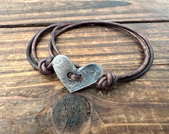 Tiny Heart Leather Bracelet, Adjustable Leather Bracelet, Hand Forged Pewter Heart, Rustic Boho Jewelry, Gift for Her