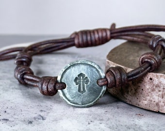 Silver Cross Leather Bracelet, Hand-stamped