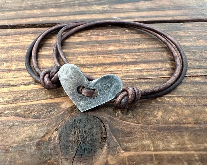 Tiny Heart Bracelet, Silver Heart Leather Bracelet, Hand-forged, Valentine’s Day Gift, Adjustable Leather Heart Bracelet, anniversary gift