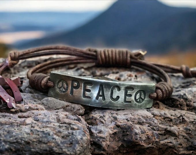 Hand-Stamped Peace Leather Bracelet: Pewter or Copper