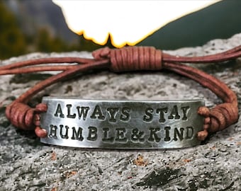 Always Stay Humble And Kind Silver Leather Bracelet, Hand-stamped