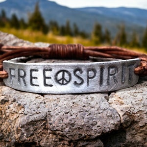 Free Spirit Silver Leather Bracelet, Hand-stamped image 1