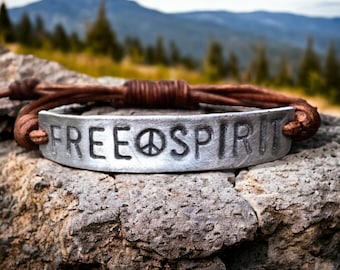 Free Spirit Leather Bracelet, Hand Stamped Pewter or Copper, Adjustable Boho Jewelry