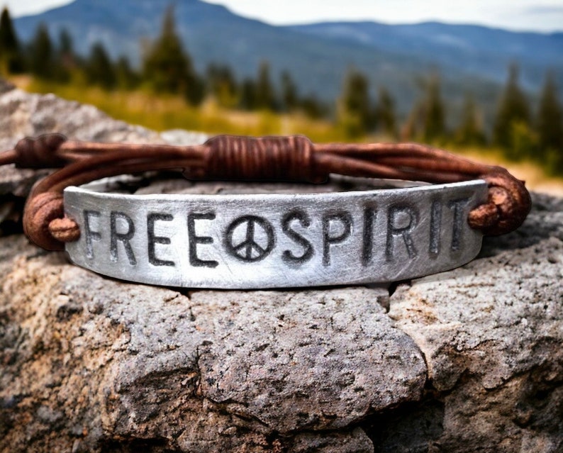 Free Spirit Silver Leather Bracelet, Hand-stamped image 1