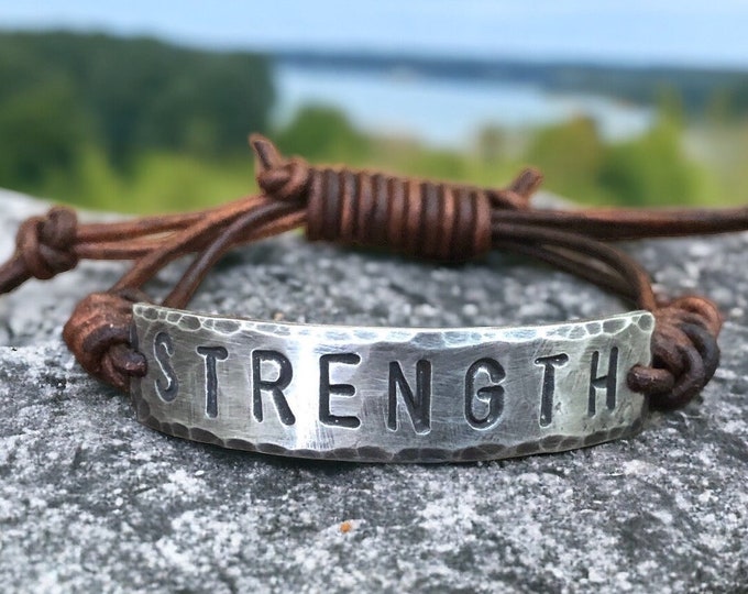 Strength Silver Leather Bracelet, Hand-stamped