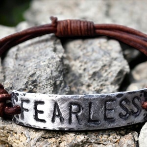 Fearless Silver Leather Bracelet, Hand-stamped, Graduation Gift