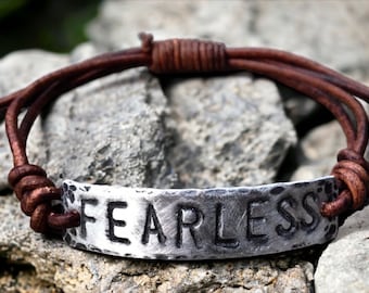 Fearless Silver Leather Bracelet, Hand-stamped, Graduation Gift