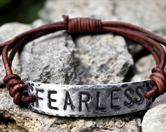 Fearless Silver Leather Bracelet, Hand-stamped, Graduation Gift