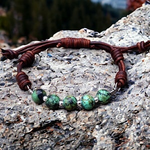 African Turquoise and sterling silver leather bracelet