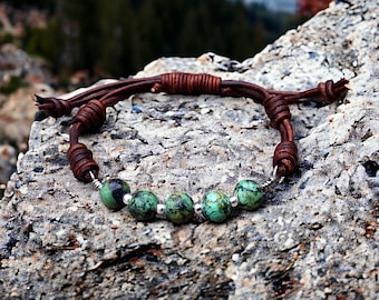African Turquoise and sterling silver leather bracelet