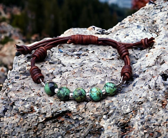 African Turquoise and Sterling Silver Leather Bracelet
