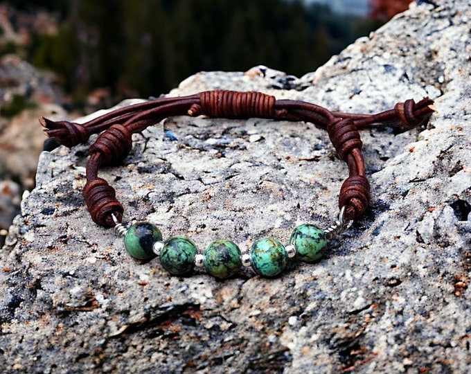 African Turquoise and sterling silver leather bracelet