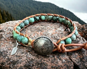 Western Charm Bracelet, Turquoise Gemstone Wrap With Sterling Silver Feather Charm