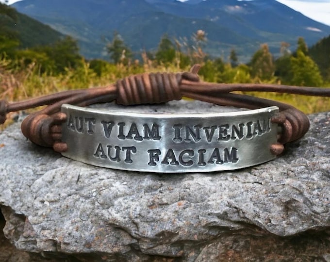 Latin Quote Leather Bracelet, Hamd-Stamped Pewter Cuff, Inspirational Jewelry