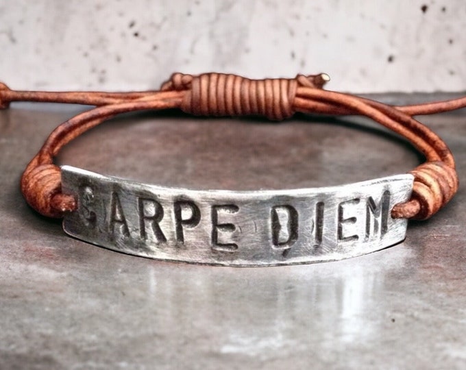 Carpe Diem Silver Leather Bracelet, Hand-stamped