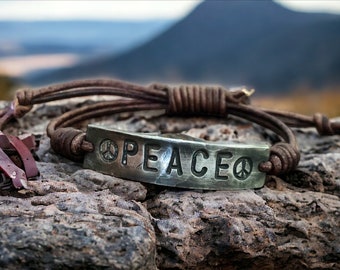 Peace Silver Leather Bracelet, Hand-stamped