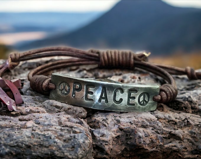 Peace Silver Leather Bracelet, Hand-stamped