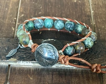 Western Charm Bracelet, Turquoise Gemstone Wrap With Sterling Silver Feather Charm