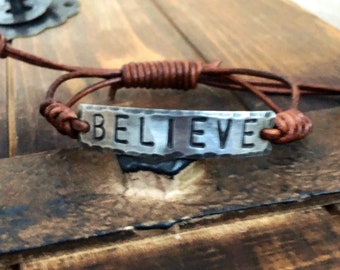 Believe Silver Leather Bracelet, Hand-stamped