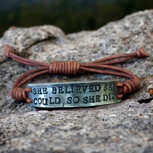 She Believed She Could So She Did Leather Bracelet, Hand-stamped image 1