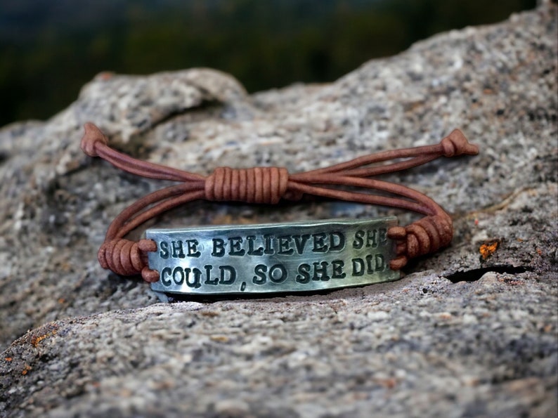 She Believed She Could So She Did Leather Bracelet, Hand-stamped image 1
