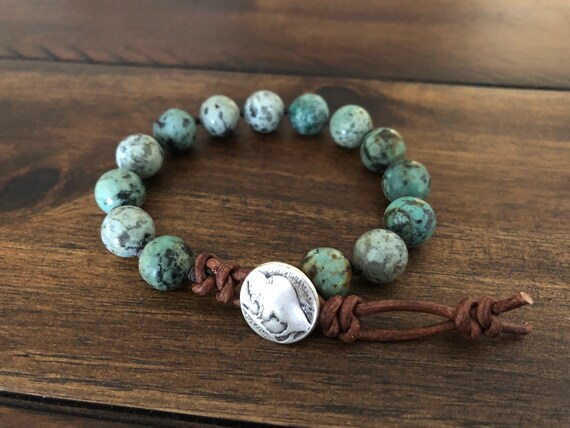African Turquoise Single Wrap Gemstone Bracelet With a Silver