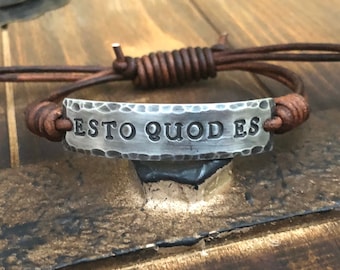 Esto Quod Es Leather Bracelet, Hand-stamped