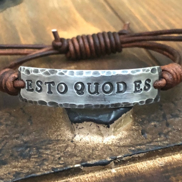 Esto Quod Es Leather Bracelet, Hand-stamped