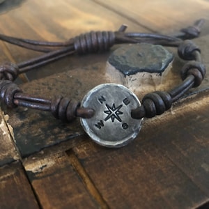 Compass Bracelet – Adjustable Leather Cord – Hand Stamped Pewter or Copper – Adventure Gift – Travel Jewelry for Him or Her