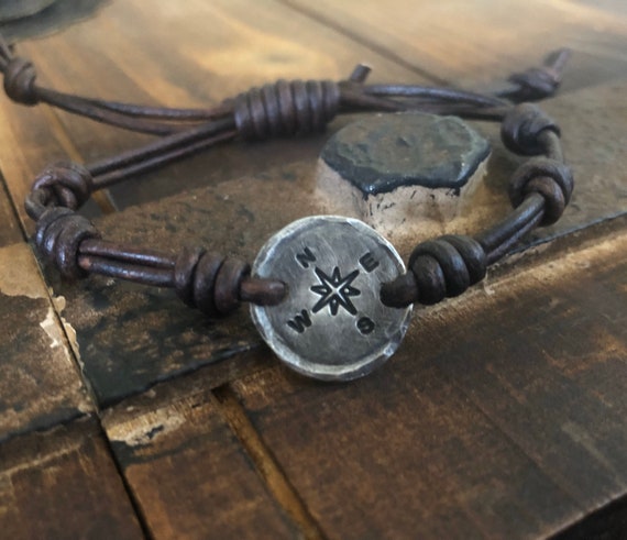 Compass Leather Bracelet, Hand Stamped Pewter Adjustable Bracelet, Meaningful Gift for Him or Her