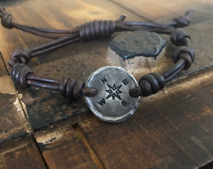 Compass Leather Bracelet, Hand-stamped