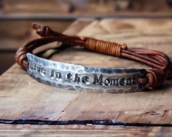 Live in the Moment Leather Bracelet – Hand Stamped Pewter or Copper, Adjustable